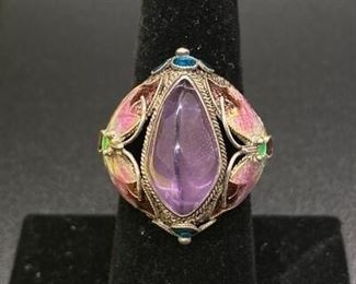 Sterling Silver Polished Amethyst Enamel Butterfly Statement Ring