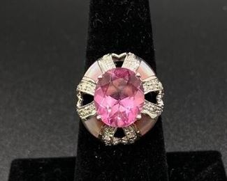 Pink Sapphire Rose Quartz 10k White Gold Cocktail Ring