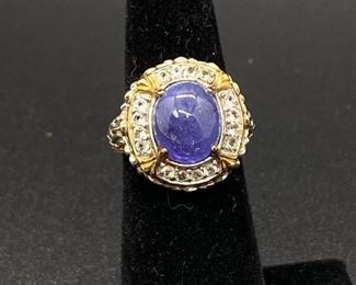 Gold Tone Sterling Silver Gemstone Cabochon Cocktail Ring