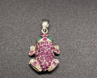 Pink Rhinestone Sterling Silver Frog Toad Pendant Charm