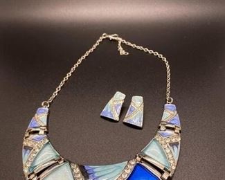 Blue Green Enamel Statement Necklace with Earrings