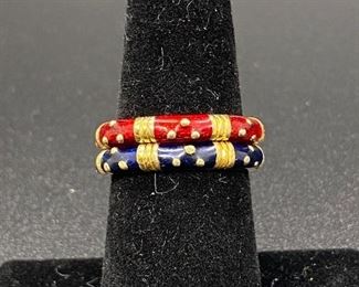 Gold Tone Red Blue Enamel Stacker Rings