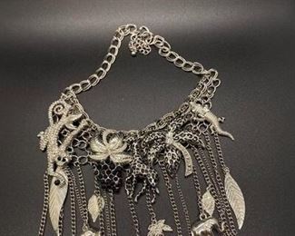 Silver Tone Dangling Charm Statement Necklace