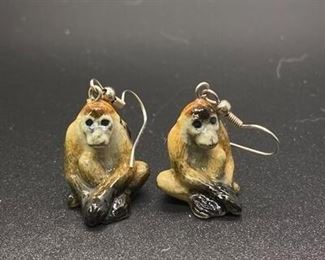 Ceramic Porcelain Miniature Monkey Ape Figurine Dangle Earrings