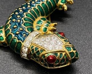 Vintage KJL Kenneth Jay Lane Green Enamel Rhinestone Lizard Reptile Gecko Pin Brooch