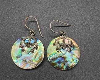Mother of Pearl Disc with Sterling Silver Details Round Drop Earrings
