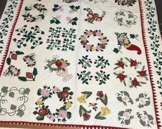 Large quilt, red, white, green, pattern of flowers strawberries