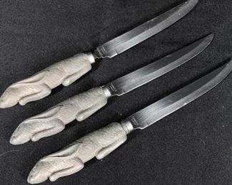 Set of 3 Pewter Rabbit Handle Steak Knives