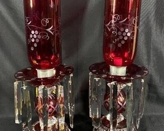 Antique Cranberry Clear Candle Holder Hurricane Lamps Mantle Lustres