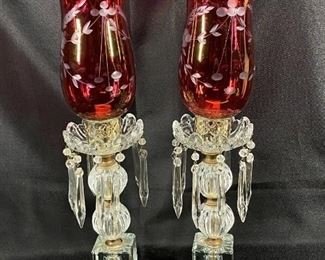 Antique Cranberry to Clear Mantle Lustres Hurricane Lamps
