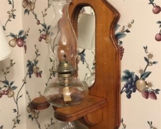 Oil lamp in wooden holder (2 matching)