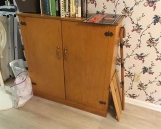Kitchen free standing cabinet - full of cookbooks + cane