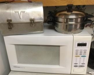 Emerson small microwave - works; vintage aluminum work lunchbox by Thermos - no thermos inside; double boiler