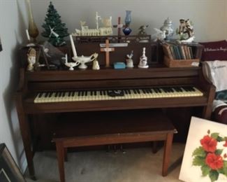 Spinet piano with bench - small ceramic tree (lights, musical base and top - all work) vintage books, decor
