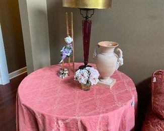 One of several round tables with custom cloth.  You need to see this lamp up close!
