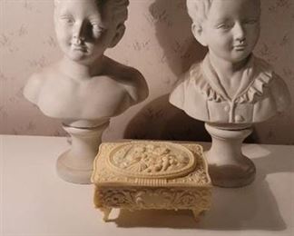 2 Piece Lot of Porcelian Sculpture Boy & Girl and Resin Trinket Box