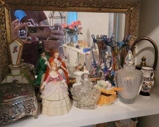 Contents of Shelf - Miniture Vases and Porcelian Figurines with Regency Style Vanity Mirror