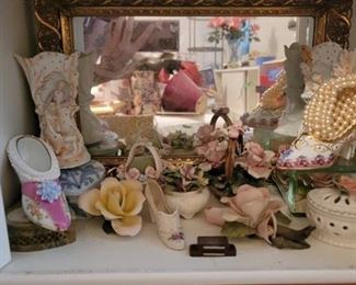 Contents of Shelf - E and R Roses Decorative Porcelin Heels and Regency Style Vanity Mirror