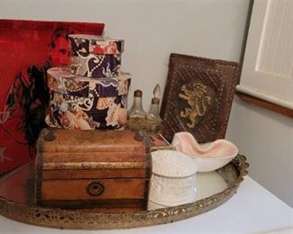 Lot of Regency Style Decor, Andy Warhol Calender and Antique Leather Bound Book and Primitive Jewelry Case with Lion Creed