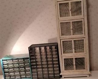 Lot of 3 Organizer Shelves - 2 Plastic Bins and 1 Bird House Decor Chest of Drawers