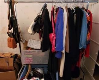 Lot of Womans Fashion Blouses, Coats, Purses and Shoes - With Metal Rack on Wheels