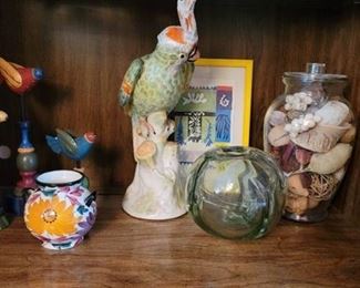 Contents of Shelf - Birds Decor and Sculpture with Blown Glass and Pottery