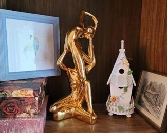 Contents of Shelf - Gold Tone Sculpture with Artwork and Decor Birdhouse