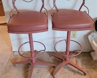 Antique Pink Pair of Wrought Iron Bar Stools