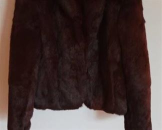 Made in Hong Kong Fluffy Burgandy Rabbit Womans Coat -Waist Length Size Small