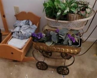 Lot of 2 Plant Buggies and Wooden Crib Planter
