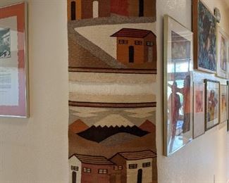 Zapotec  Oaxacan Handwoven Wool Wall Hanging Landscape Houses and Mountains, 6 X 2"