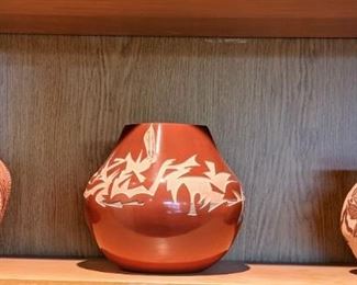 Wilma Bacca, Jemez Pueblo, repaired;                              
Santa Clara Sgrafitto Pottery by Nana-Kaa;                   
Santa Clara Sgrafitto Pottery by Gwen Tafoya 