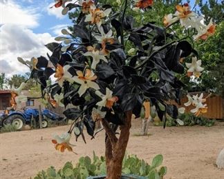 Antique Cloisonné Pot with Carved Jade Stone Frangipani Tree