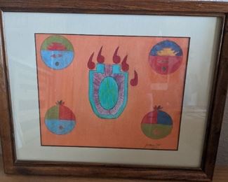 A memento from a visit to a pueblo with her granddaughters, this pieces was created in 1994 by Jordan, a Native American age 12 at that time. 