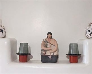 Maxine Toya, Jemez Pueblo Flute Player Ceramic; Native American Acoma Fine Mimbres Style Motif Canteen signed Mary Lewis Birds 8/95; Native American Acoma Fine Mimbres Style Motif Canteen signed Mary Lewis Deer 11/95; Danish Enamel Candleholders