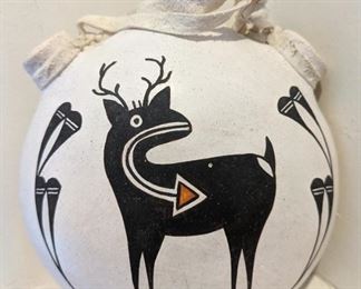 Native American Acoma Fine Mimbres Style Motif Canteen signed Mary Lewis Deer 11/95