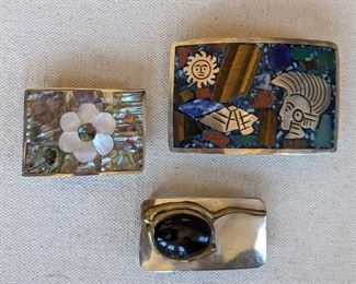 Sterling MCM Mother of Pearl and Abalone Belt Buckle Onyx Belt Buckle,  
Aztec Inlay Belt Buckle - SOLD