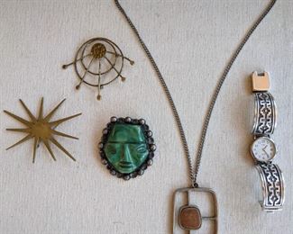 MCM R. Landerholm Tenn Sweden Pewter Necklace; MCM Sterling Lost Wax Carving Oaxaca Brooch;   Navajo  Dan Jackson Sterling Watch Band Rug Pattern MCM Starburst Brooches