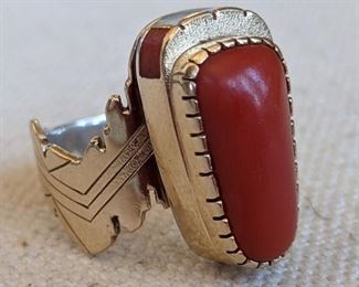 Navajo Silversmith Leo Yazzie 14K Gold Ring Red Coral, Opal Inlay sz 6 1/2