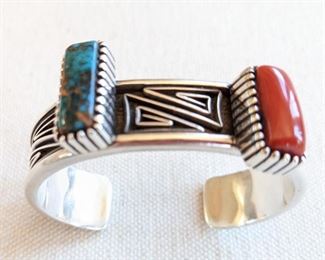Navajo Silversmith Leo Yazzie Sterling Coral and Turquoise Bracelet