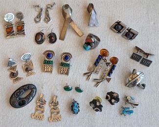 Amber, Malachite, Turquoise, Coral, Lapis Lazuli, Amethyst Earrings;                                                                           Poul Warmind Danish Modern Sterling Cufflinks