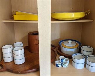 MCM Dansk Denmark Teak Trays, Ice Bucket, Enamelware, Maribo Ramekin, Napking Holders