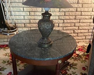 Marble top round table, reverse painted table lamp