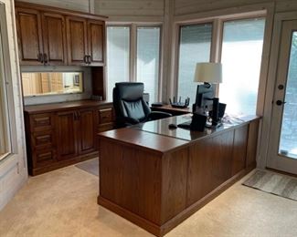 CLEARANCE !  $500.00 NOW, WAS $1,600.00....................Incredible Detailed Custom Desk Set made by Nigon Woodworks INCLUDING TALL CABINET IN BACKGROUND:  Desk: 72” x 33”, 30” H, Corner Unit 99” x 16”, 30” H, Tall Cabinet 56 1/2” x 21 1/2”, 87” H(J003)