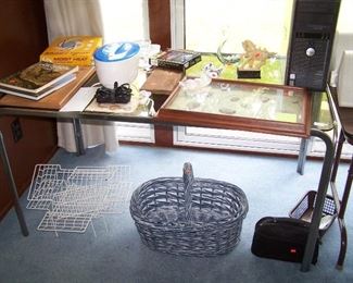 CHROME & GLASS TABLE, BOOKS, BASKET & MISC.