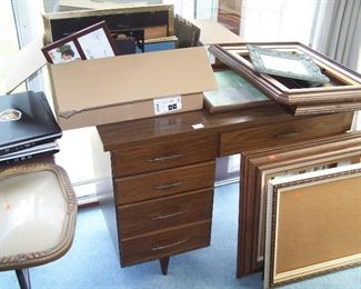MID-CENTURY WALNUT DESK & PICTURE FRAMES
