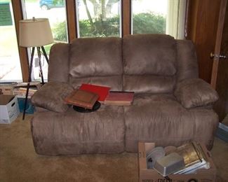 CHOCOLATE SUEDE RECLINER LOVESEAT, MODERN LAMP & RECORDS