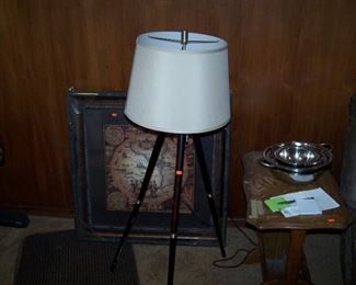 ANOTHER MODERN LAMP, SMALL TABLE & FRAMED MAP