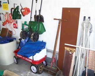 RED WAGON,  OLD PUSH MOWER, YARD STUFF , ETC.