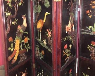 Vintage wood carved screen from early 1900’s. Formally owned by Snowden family. Back side is Asian themed. Beautiful and perfect condition 